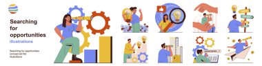 Searching for opportunities concept with character situations collection. Bundle of scenes people with spyglasses and magnifiers looking for career directions. Vector illustrations in flat web design