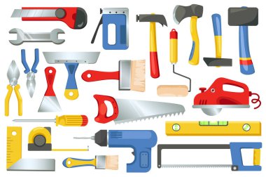 Building and repair tools set graphic elements in flat design. Bundle of hammer, paint roller, axe, tape measure, brush, wrench, pliers, screwdriver, saw and other.Vector illustration isolated objects