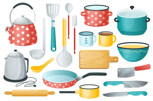 Kitchenware Set Graphic Elements Flat Design Bundle Kettle Ladle Spoon — 图库矢量图片