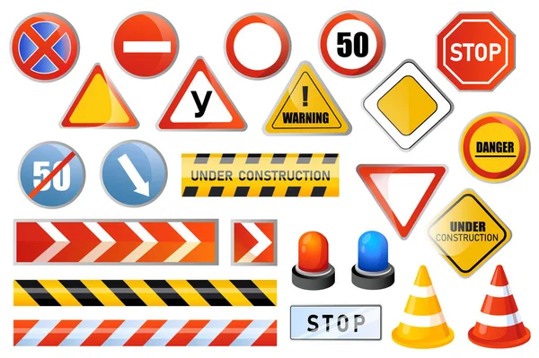 Road Signs Set Graphic Elements Flat Design Bundle Stop Speed — Stock Vector