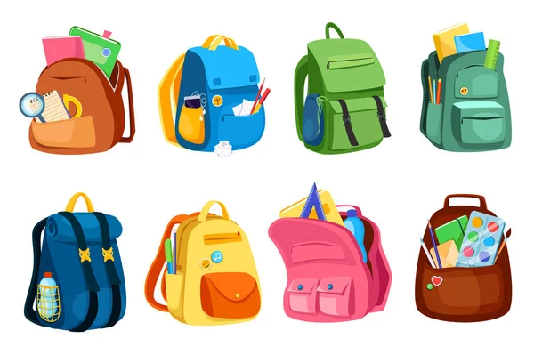School Bags Set Graphic Elements Flat Design Bundle Different Schoolbags — стоковый вектор
