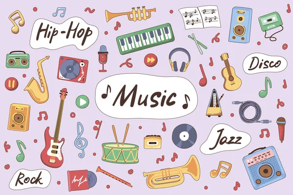 Music Cute Stickers Set Flat Cartoon Design Collection Jazz Hip — Wektor stockowy