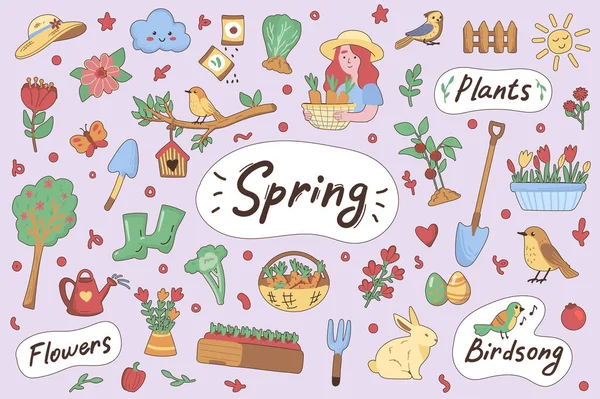 Spring Cute Stickers Set Flat Cartoon Design Collection Flower Plant — Archivo Imágenes Vectoriales