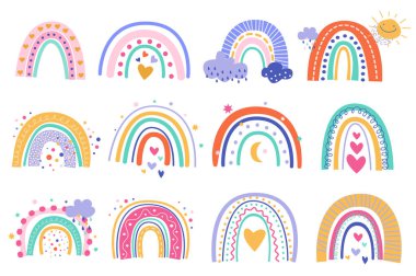 Cute abstract rainbows set graphic elements in flat design. Bundle of different rainbows with hearts, clouds, sun and other decor in boho or scandinavian style. Illustration isolated objects