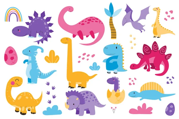 Cute dinosaurs set graphic elements in flat design. Bundle of childish colorful triceratops, brontosaurus, stegosaurus, pterosaur, tyrannosaurus and other dinos. Illustration isolated objects