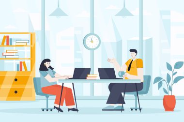 Coworking space concept in flat design. Employees or freelancers work in office scene. Colleagues communicate at business meeting conference. Illustration of people characters for landing page