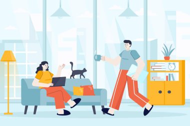 Freelance working concept in flat design. Freelancers work in home office scene. Couple works remotely in comfort condition of their home. Illustration of people characters for landing page