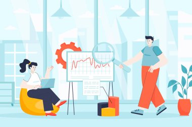 Big data analysis concept in flat design. Business analysts work in office scene. Teamwork on project, analysis of statistics and graphs. Illustration of people characters for landing page