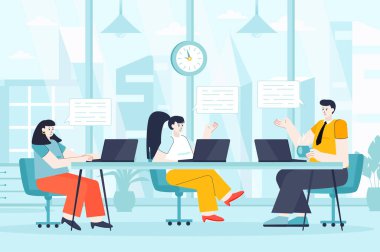 Focus group concept in flat design. Man and women communicate in office scene. Marketing team discuss company strategy, brainstorms, talking. Illustration of people characters for landing page