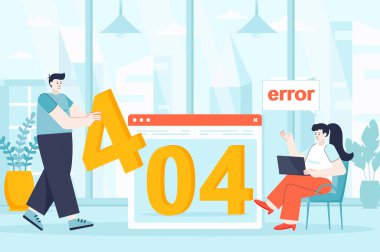 Page error concept in flat design. Development team working on problem site scene. Technology department fixes error on broken webpage. Illustration of people characters for landing page