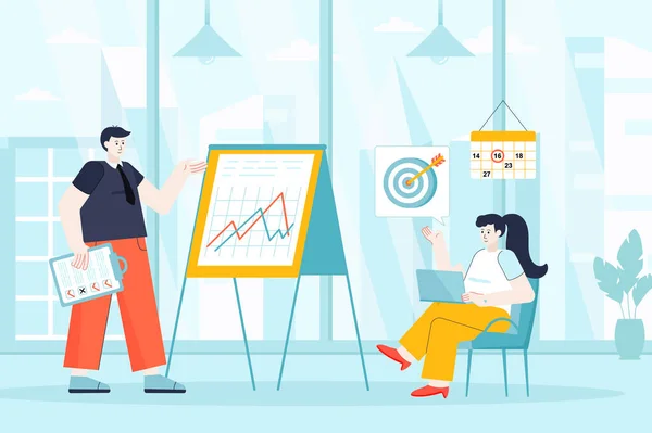 Business planning concept in flat design. Teamwork in office scene. Colleagues planning project, targeting, statistics analysis, development. Illustration of people characters for landing page
