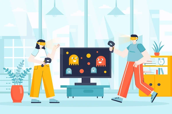 Virtual reality concept in flat design. Couple wear VR glasses at home scene. Man and woman in VR headset playing interactive video game. Illustration of people characters for landing page