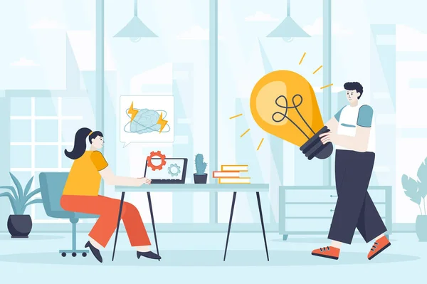 Creative agency concept in flat design. Marketing team work in office scene. Man and women come up creative ideas, create ads, make content. Illustration of people characters for landing page