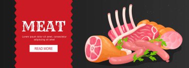 Et yatay web pankartı. Domuz eti, sığır eti, eklem, kaburga, sosis, biftek, kasap pazarındaki diğer taze ürünler. Başlık web sitesi için vektör illüstrasyonu, modern tasarım için kapak şablonları