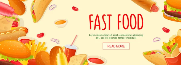 Bannière Web Horizontale Fast Food Taco Hot Dog Hamburger Cola — Image vectorielle