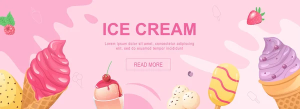 Ice Cream Horizontal Web Banner Colored Sweet Cold Desserts Waffle — Vector de stock