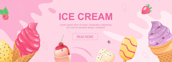 Ice cream horizontal web banner. Colored sweet cold desserts in waffle cups, ice lolly and gelato with topping and berries. Vector illustration for header website, cover templates in modern design