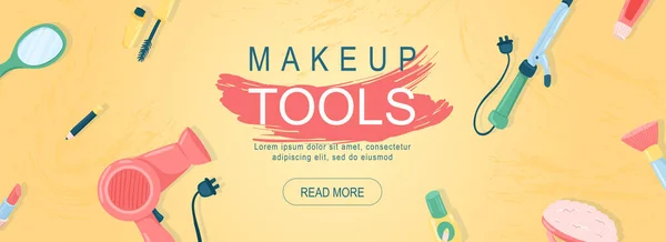 Makeup Tools Horizontal Web Banner Hair Dryer Lipstick Mirror Pencil — Archivo Imágenes Vectoriales