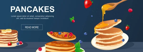 Pancakes Horizontal Web Banner Sweet Pancakes Honey Syrup Bananas Berries — Stock Vector