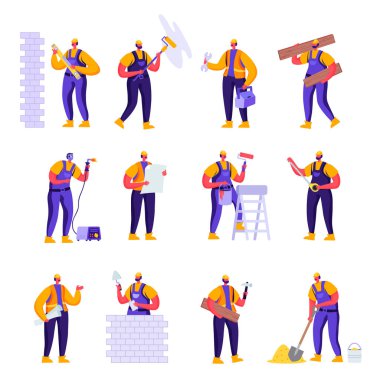 Set of Flat Professional Construction Workers Engineers Characters. Cartoon People Male in Uniform Overalls and Helmets with Equipment. Illustration.