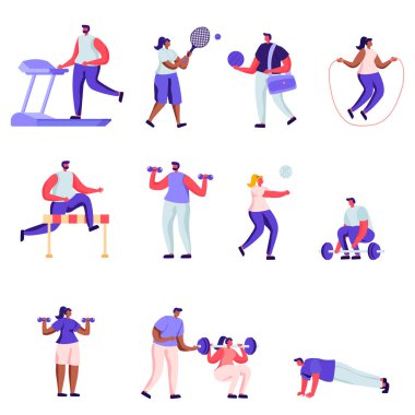 Set of Flat Professional Sport Activities Characters. Cartoon Male and Female Sportsmen, High Jump, Vaulting Horse, Pole Jumping, Core Shot, Gymnastics Exercises. Illustration.