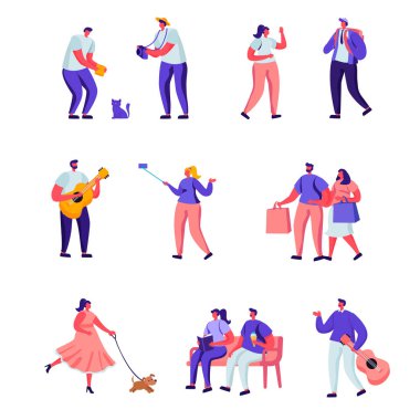 Set of Flat Street Musicians and Pedestrians Characters. Cartoon Guitarist and Saxophonist Playing Music, People Watch Concert, Put Money in Hat. Illustration.