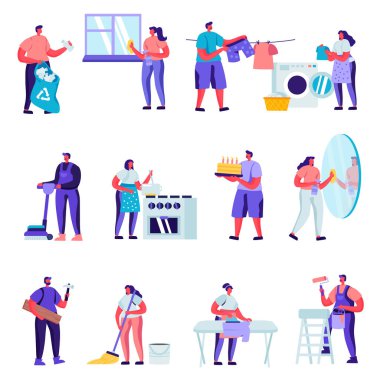 Set of Flat Householders Characters Cleaning Home Characters. Cartoon People Everyday Routine, Specialists Fixing Technics Service. Illustration.