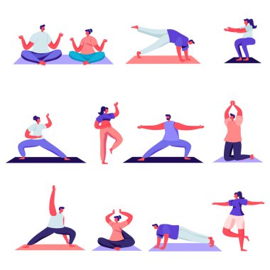 Set of Flat Male and Female Sport Activities Characters. Cartoon People Doing Sports, Yoga Exercise, Fitness, Workout in Different Poses, Stretching. Illustration.