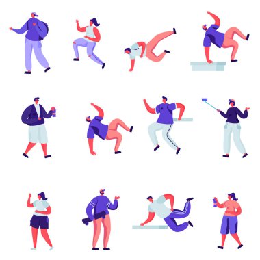 Set of Flat Parkour and Graffiti Characters. Cartoon Men Jumping Over Barriers, Street Artist Teenagers Paint Graffiti on Walls. Illustration.