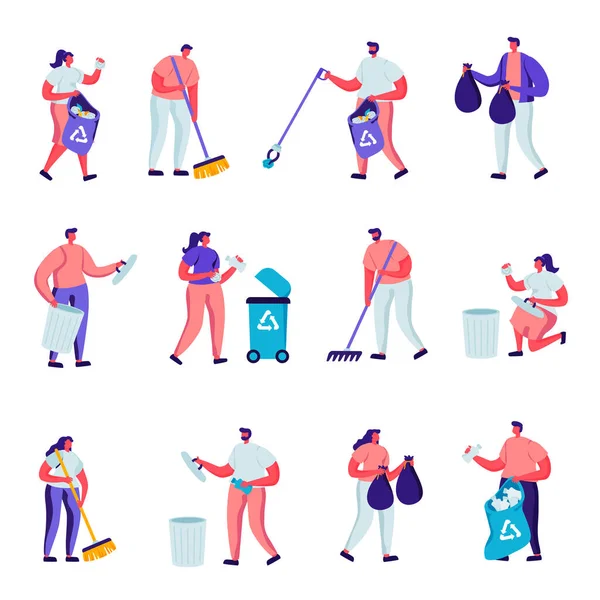 Set Flat Volunteers Collect Litter Characters Cartoon People Raking Sweeping — Stockfoto