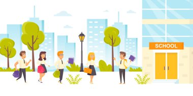 Happy kids with books outside of school building. Pupils in uniform or schoolmates with textbooks walking outdoors. Schoolchildren with backpacks on city street. Flat cartoon illustration.