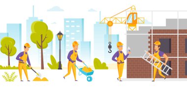 Group of builders in hard hats and uniform working on construction site. Workers using wheelbarrow, carrying ladder, digging, constructing building. City development. Flat cartoon illustration.