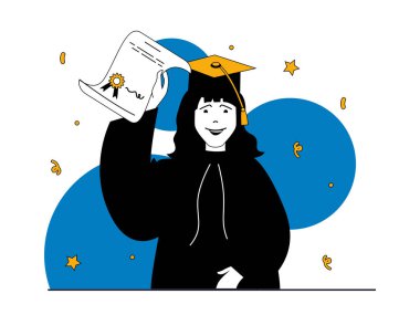 Karakter durumuyla ilgili eğitim kavramı. Mezuniyet elbisesi ve şapkası içindeki mutlu öğrenci festival töreninde diploma alıyor. Web için düz tasarım içinde insan sahnesi olan vektör illüstrasyonları