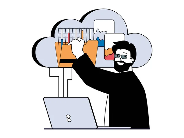 Digital Business Concept Character Situation Businessman Develops Startup Using Cloud — Stockový vektor