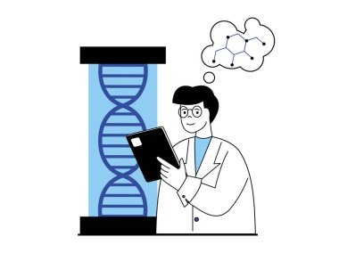 Medical concept with character situation. Doctor researcher making chromosomes test and researching dna molecule, genetic engineering. Vector illustration with people scene in flat design for web