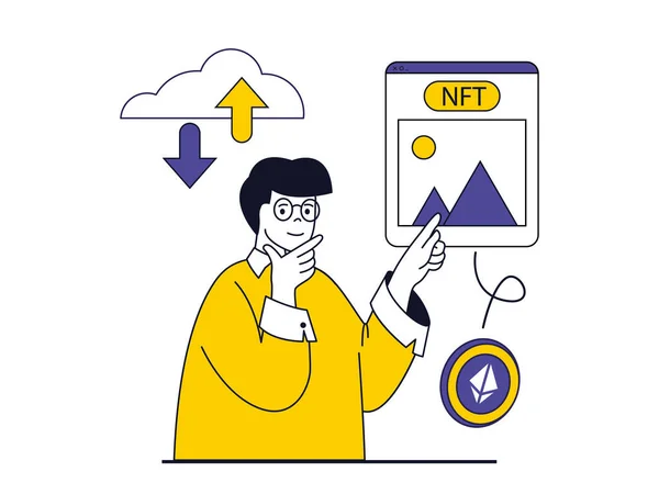 Nft Token Concept Character Situation Man Investing Money Digital Art — Stock Vector