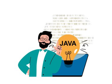 Programming software concept with character situation. Man working with java program language code, generates new idea and fixing bugs. Vector illustration with people scene in flat design for web