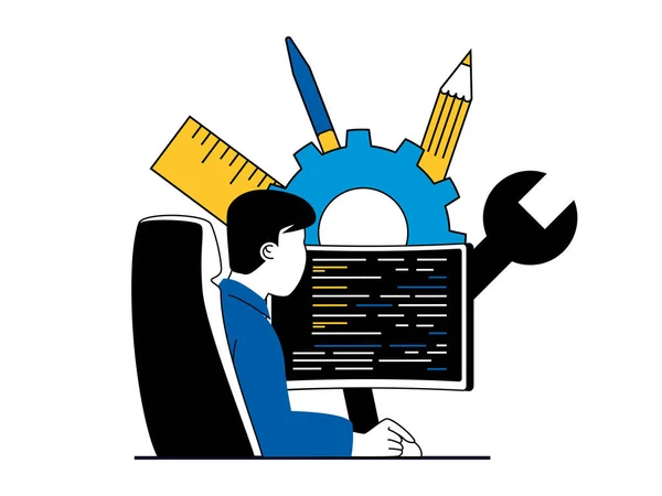 Web Development Concept Character Situation Man Working Programming Code Computer — Stockový vektor