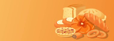 Fırın yatay web pankartı. Taze ekmek, vişneli turta, kekler, uzun somun, rulo, simit, diğer hamur işleri ve buğday unu ürünleri. Başlık web sitesi için resim, modern tasarım için kapak şablonları