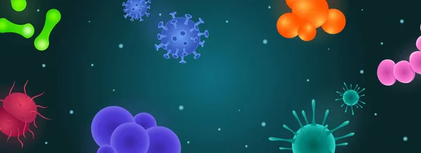 Bacteria horizontal web banner. Microscopic viruses, microorganism and microbes in different shapes and types, bacterium cells. Illustration for header website, cover templates in modern design