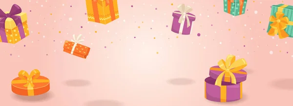 Gifts horizontal web banner. Colorful cardboard boxes with bows for presents for birthdays, Christmas and other holidays. Illustration for header website, cover templates in modern design