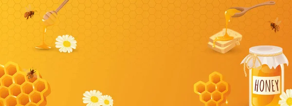 Natural honey horizontal web banner. Honey jar, breads, honeycomb, bee, chamomile, organic healthy food and sweet product. Illustration for header website, cover templates in modern design