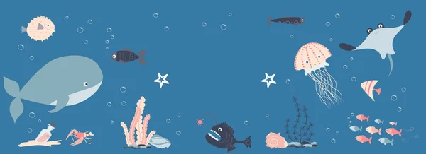 Marine life horizontal web banner. Whale, crabs, different types of fish, seaweed, jellyfish, stingray, underwater wildlife. Illustration for header website, cover templates in modern design