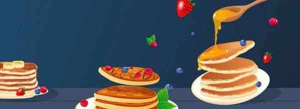 Pancakes horizontal web banner. Sweet pancakes with honey or syrup, bananas and berries for breakfast or delicious cafe menu. Illustration for header website, cover templates in modern design
