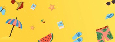Summer vacation horizontal web banner. Swimsuit, umbrella, watermelon, photo, flip flops, shorts, sunglasses, travel to resort. Illustration for header website, cover templates in modern design