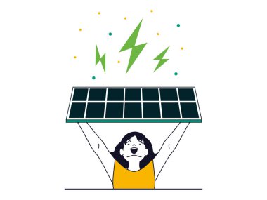Green energy concept with character situation. Happy woman uses eco solar panels to generate electricity, alternative energy sources. Illustrations with people scene in flat design for web