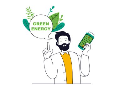 Green energy concept with character situation. Man holding battery with eco friendly technology, renewable source and nature conservation. Illustrations with people scene in flat design for web