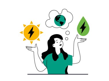 Green energy concept with character situation. Eco friendly woman trying to save earth planet nature and uses alternative energy sources. Illustrations with people scene in flat design for web