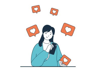 Internet addiction concept with character situation. Woman obsessing over networking and audience attention collecting likes and hearts. Illustrations with people scene in flat design for web