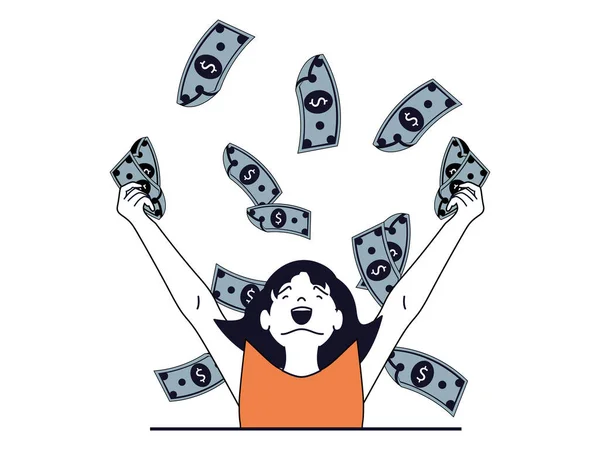 Finance Concept Character Situation Happy Woman Gets Lot Money Banknotes — Stockfoto